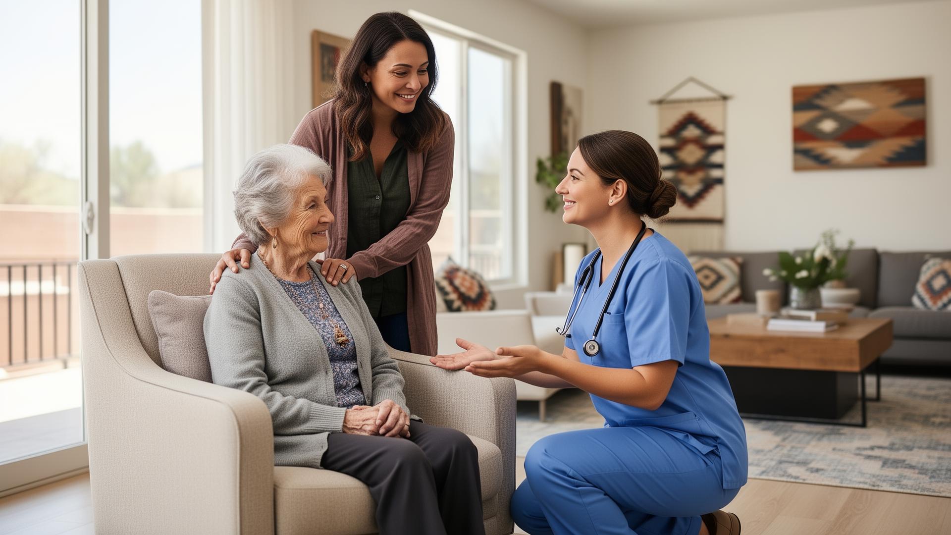 Compassionate caregiver supporting an elderly woman